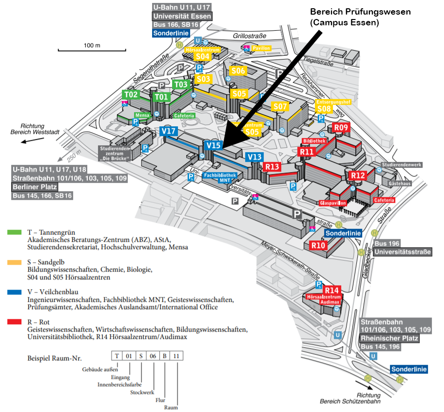 Lageplan Campus Essen mit Hinweis/Pfeil auf das Prüfungswesen.
