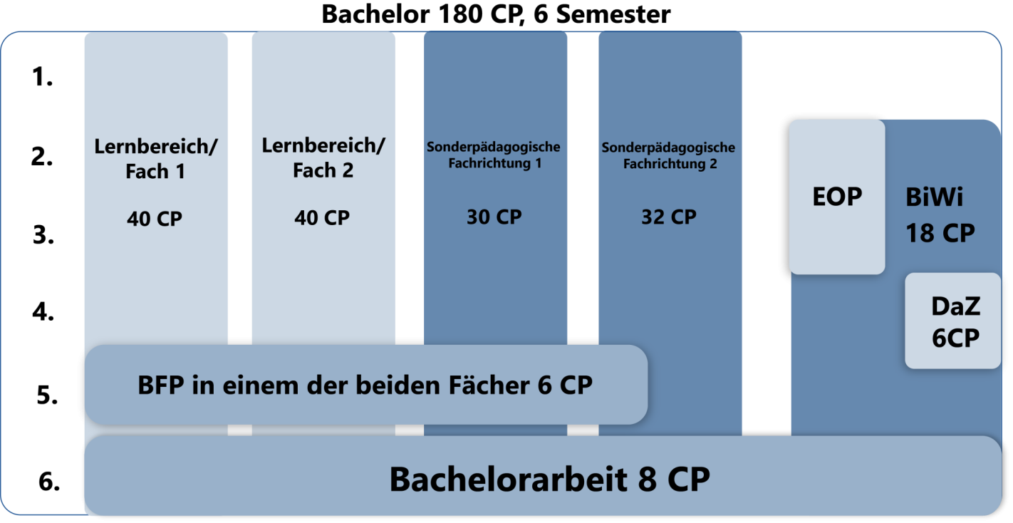 Im Lehramtsbachelor für den Unterricht an Sonderschulen studierst du zwei Lernbereiche und zwei Sonderpädagogische Fachrichtungen. In den Lernbereichen erwirbst du während deines gesamten Bachelorstudiums insgesamt jeweils 40 Credit Points. Im Teilstudiengang Bildungswissenschaften einschließlich des Eignungs- und Orientierungspraktikum erwirbst du 18 Credit Points. Das DaZ-Modul und das Berufsfeldpraktikum studierst du jeweils im Umfang von 6 Credit Points. Die Bachelorarbeit, mit insgesamt 8 Credit Points, schließt dein Bachelorstudium ab. Insgesamt benötigst du also 180 Credit Points für dein Bachelorstudium mit der Lehramtsoption für Sonderschulen.