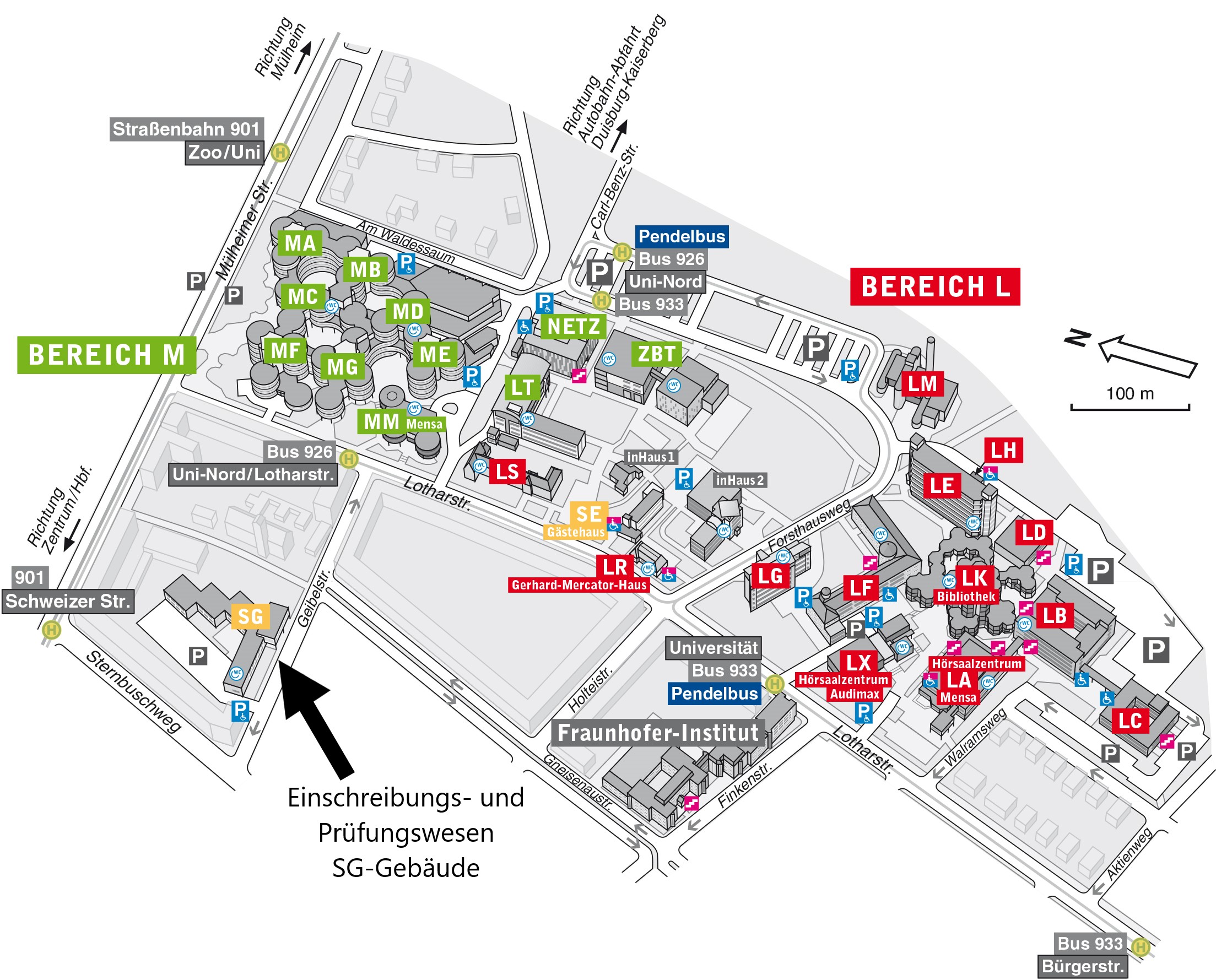 Lageplan des Campus Essen mit zwei Pfeilen, die jeweils das Einschreibungs- und Prüfungswesen zeigen.