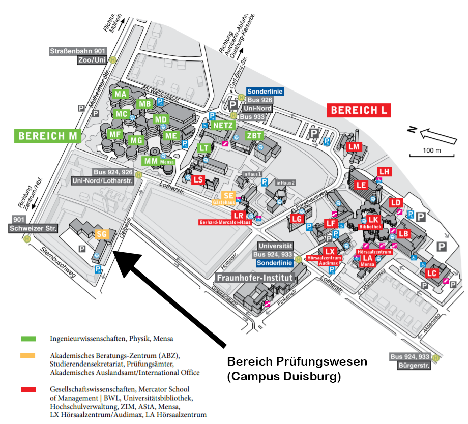 Lageplan Campus Duisburg mit Hinweis/Pfeil auf das Prüfungswesen.