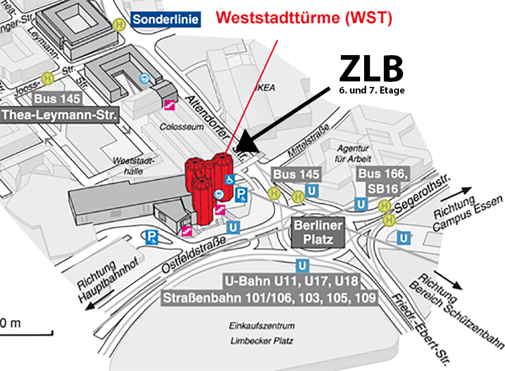 Lageplan der Weststadttürme in Essen.