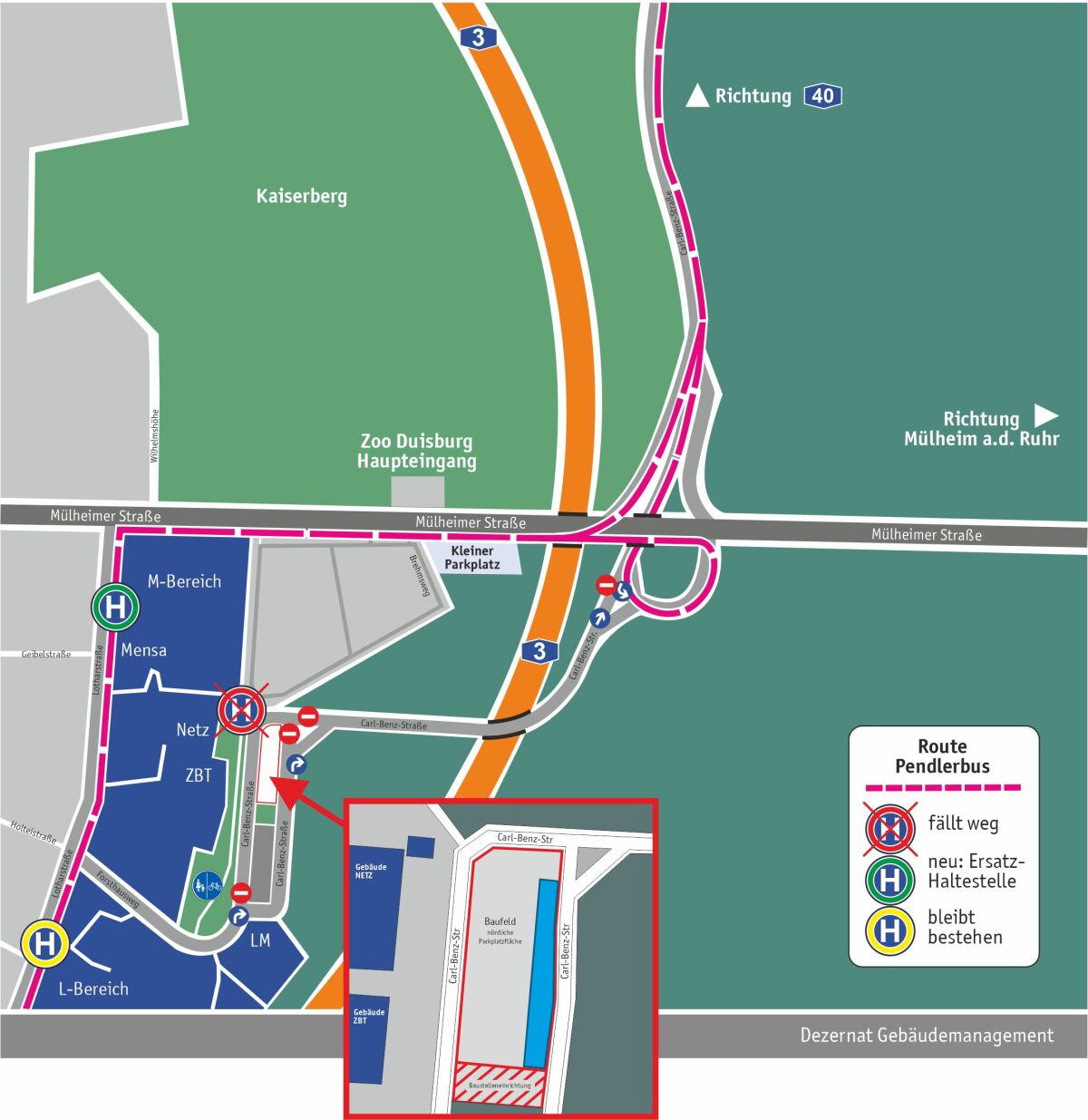 Die neue Haltestelle in Duisburg ist Uni Nord Lotharstraße und befindet sich an der Hauptmensa.